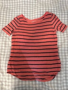 LOFT Coral Pink and Navy Striped Short Sleeve Linen Top
